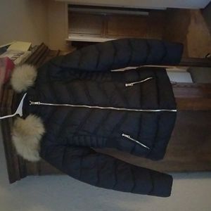 LA Coalition black coat with faux fur hood. Size XL